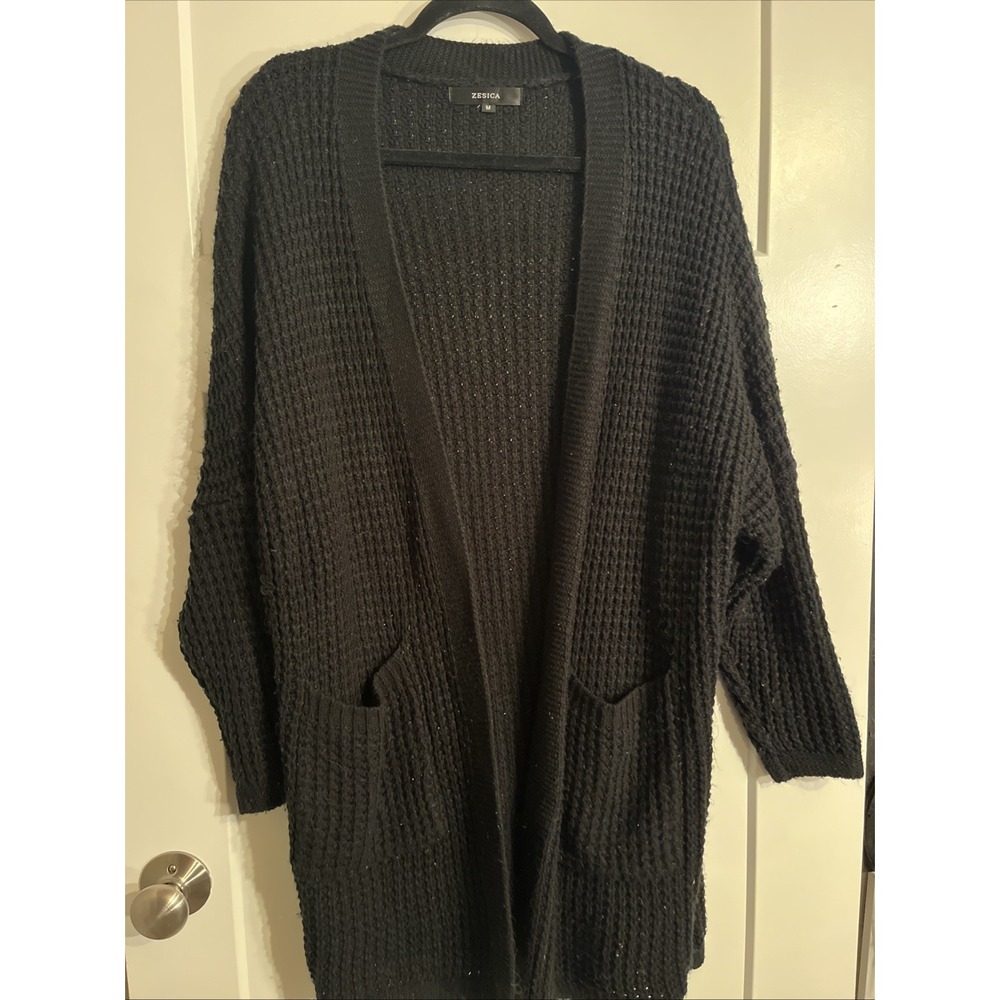 Zesica Cardigan Women's Medium Sweater Pockets Waffle Knit Cozy Open Front Black